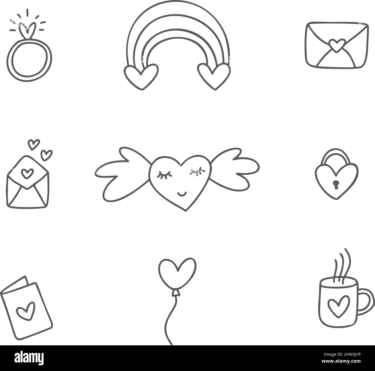 Set of different doodle love elements with heart for wedding, Valentine Day and Kiss day design icon. Hand drawn monoline art vector illustration Stock Vector