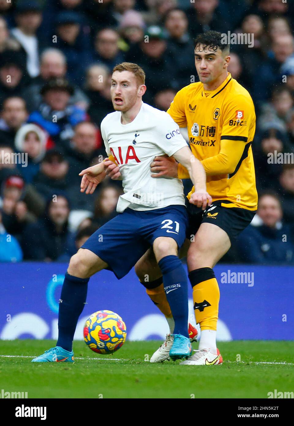 London, England - FEBRUARY 13: L-R Tottenham Hotspur's Dejan Kulusevski (on loan from Juventus)and Wolverhampton Wanderers' Max Kilman  during  Premie Stock Photo