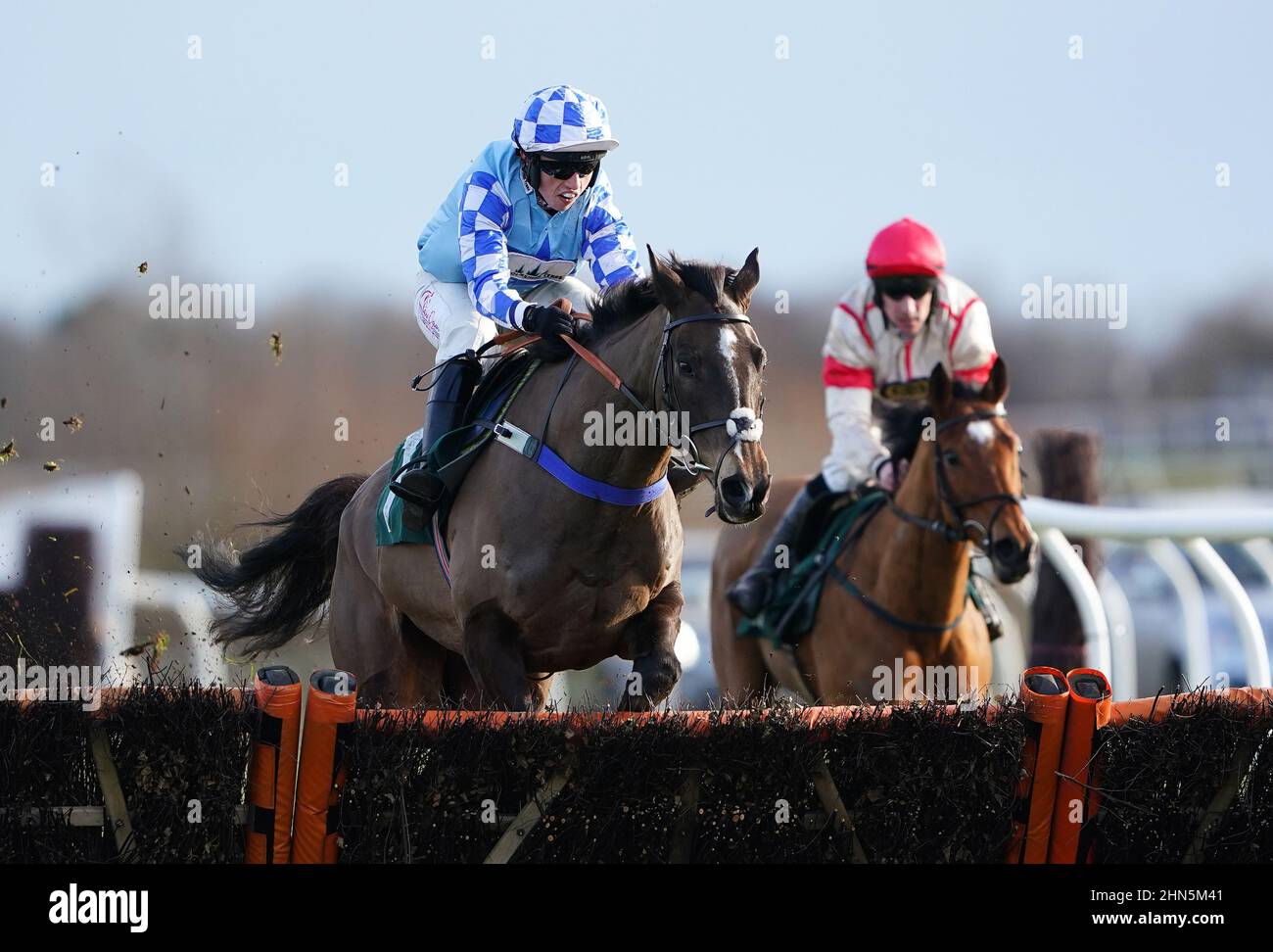 Mick Maestro ridden by Charlie Hammond clears a fence before going on to win the Happy 50th Dawn Callaghan Love You Handicap Hurdle at Catterick Bridge Racecourse. Picture date: Monday February 14, 2022. Stock Photo