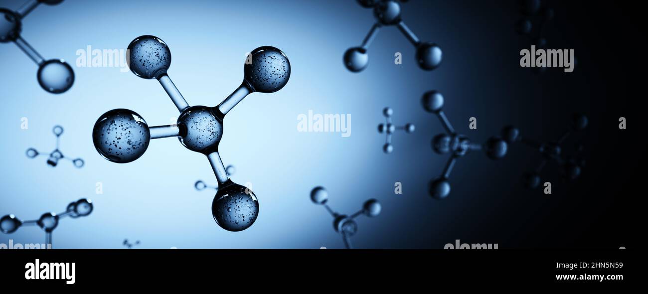 Many 3D molecules float together in clear bright blue space background Stock Photo