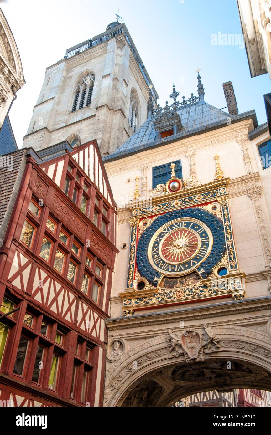 The Gros Horloge is a 14th century astronomic clock, preserved in the old town of Rouen, the capital of Normandy, Stock Photo