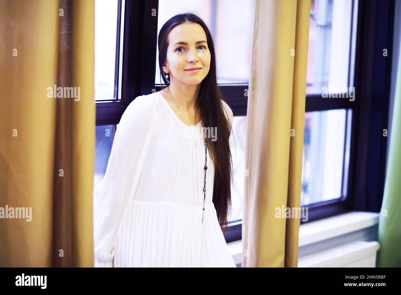 Woman Calm Look Relaxed serene pretty young woman at home, happy calm lady dream enjoy ...