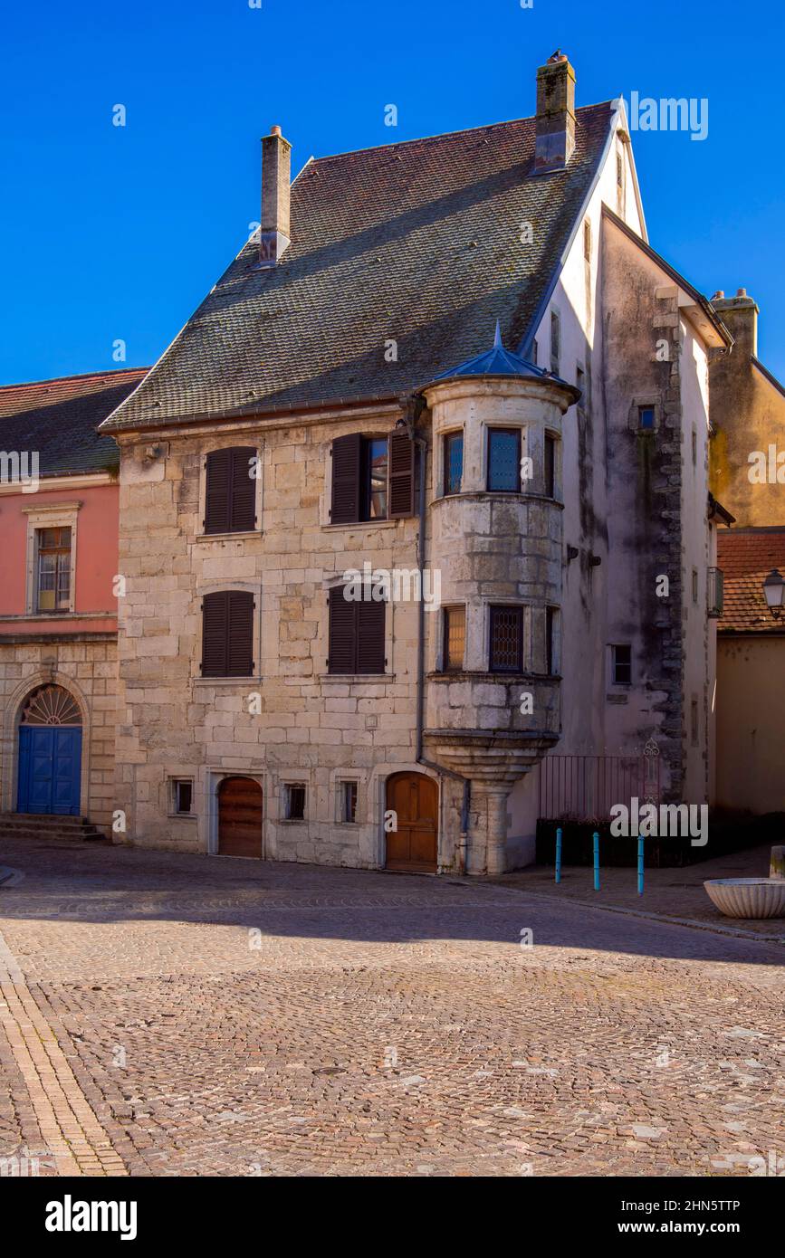 House called turret house in Delle. Place Raymond Formi, Bourgogne-Franche-Comté, France. This beautiful residence was built at the very end of the 16 Stock Photo