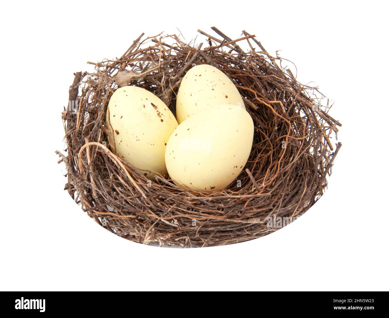 Colorful three eggs in wooden bird nest isolated on the white ...