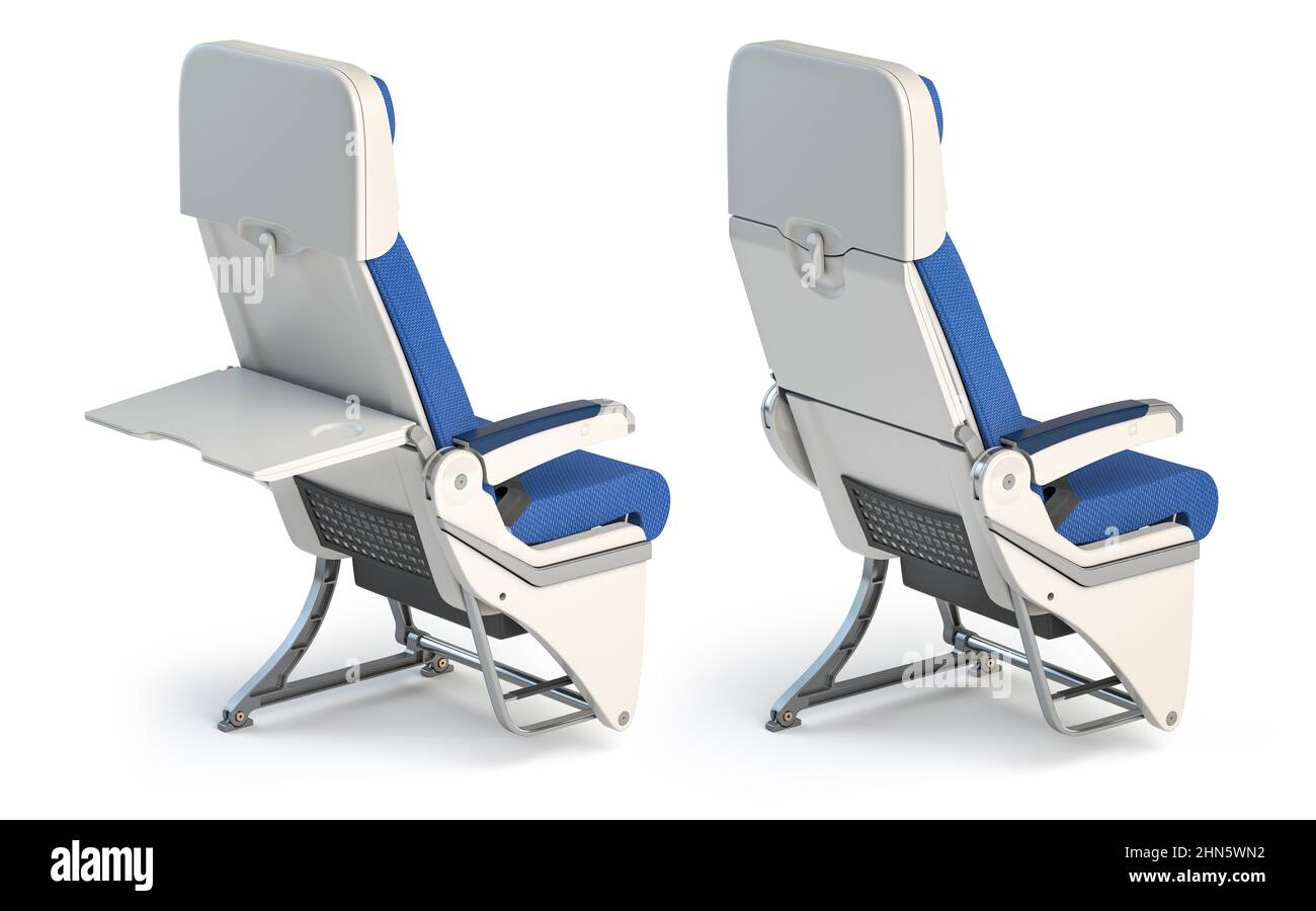 Aircraft seat with airplane tray table open and closed isolated on white. 3d illustration Stock Photo