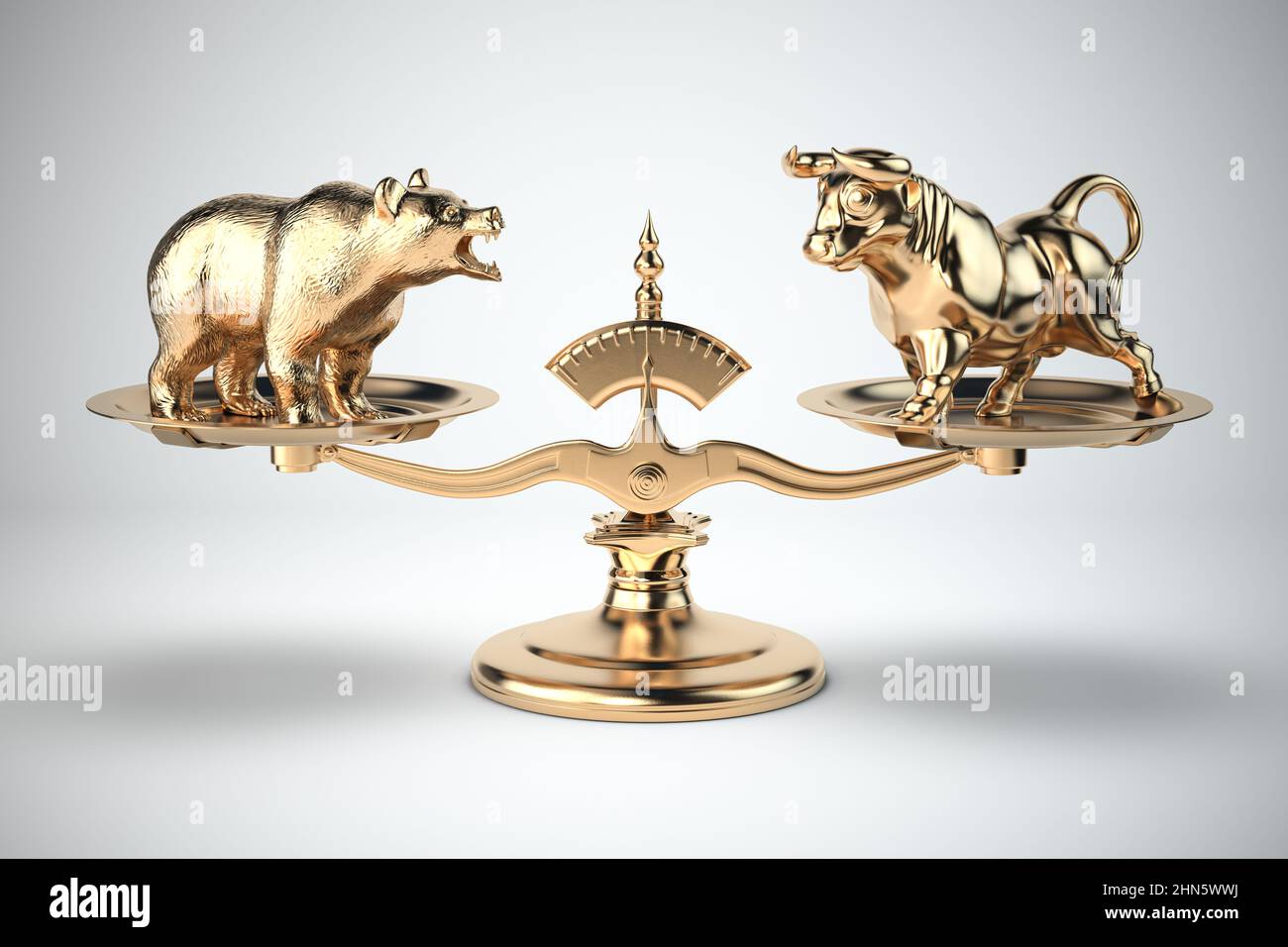 Bull and bear on a scales. Bearish or bullish market on stock exchange concept. 3d illustration Stock Photo