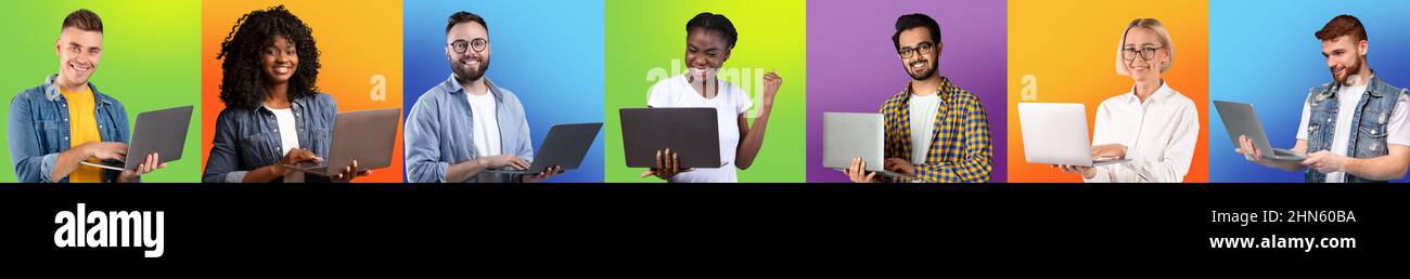 Multiethnic Young People With Laptop Computers Posing Over Colorful ...