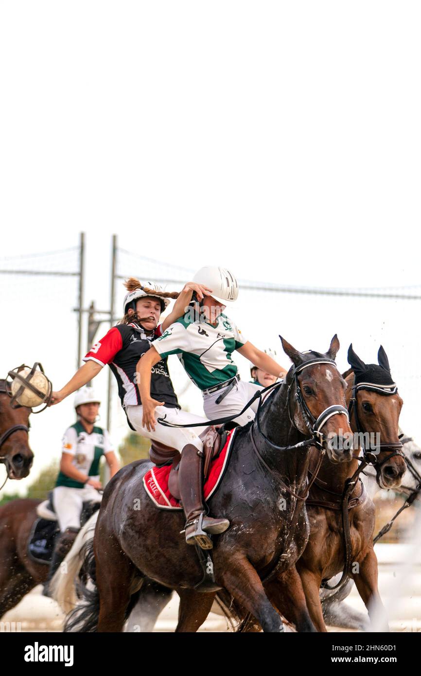 Horseball match, adrenaline game. Two players on their horse fighting for the ball in a horseball match, front view Stock Photo