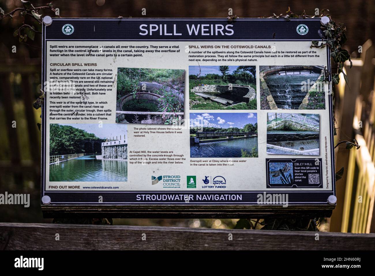 information board on spill weirs, Stroudwater, England Stock Photo