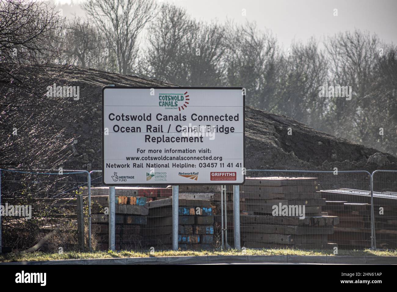 Cotswold canals ocean rail - canal bridge replacement sign, Stonehouse, Gloucestershire, England, United Kingdom. Stock Photo