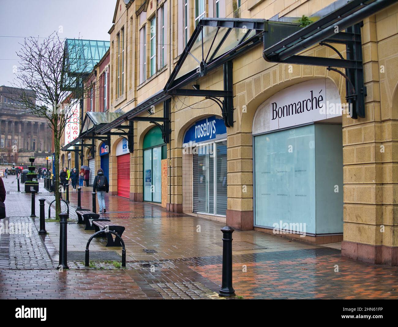 Closed shops on Friargate in the City of Preston, Lancashire in the north of the UK. Stock Photo