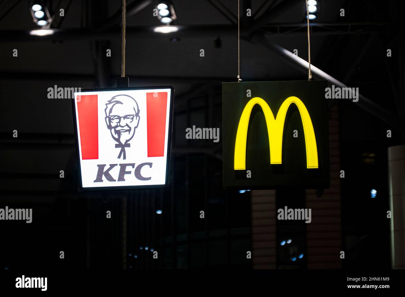 McDonalds and kfc logos of competing fast food companies. December 22, 2021. Moscow Airport. Russia. Stock Photo