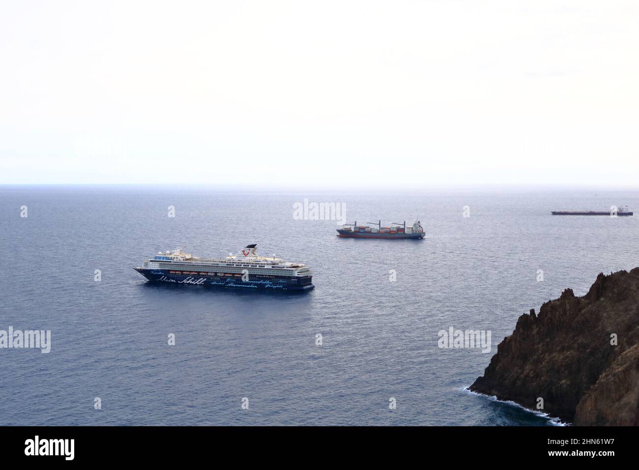 November 25 2021 - Santa Cruz, Tenerife, Spain: Cruise ship Mein Schiff Herz anchored near coast of Tenerife during the covid 19 pandemic Stock Photo