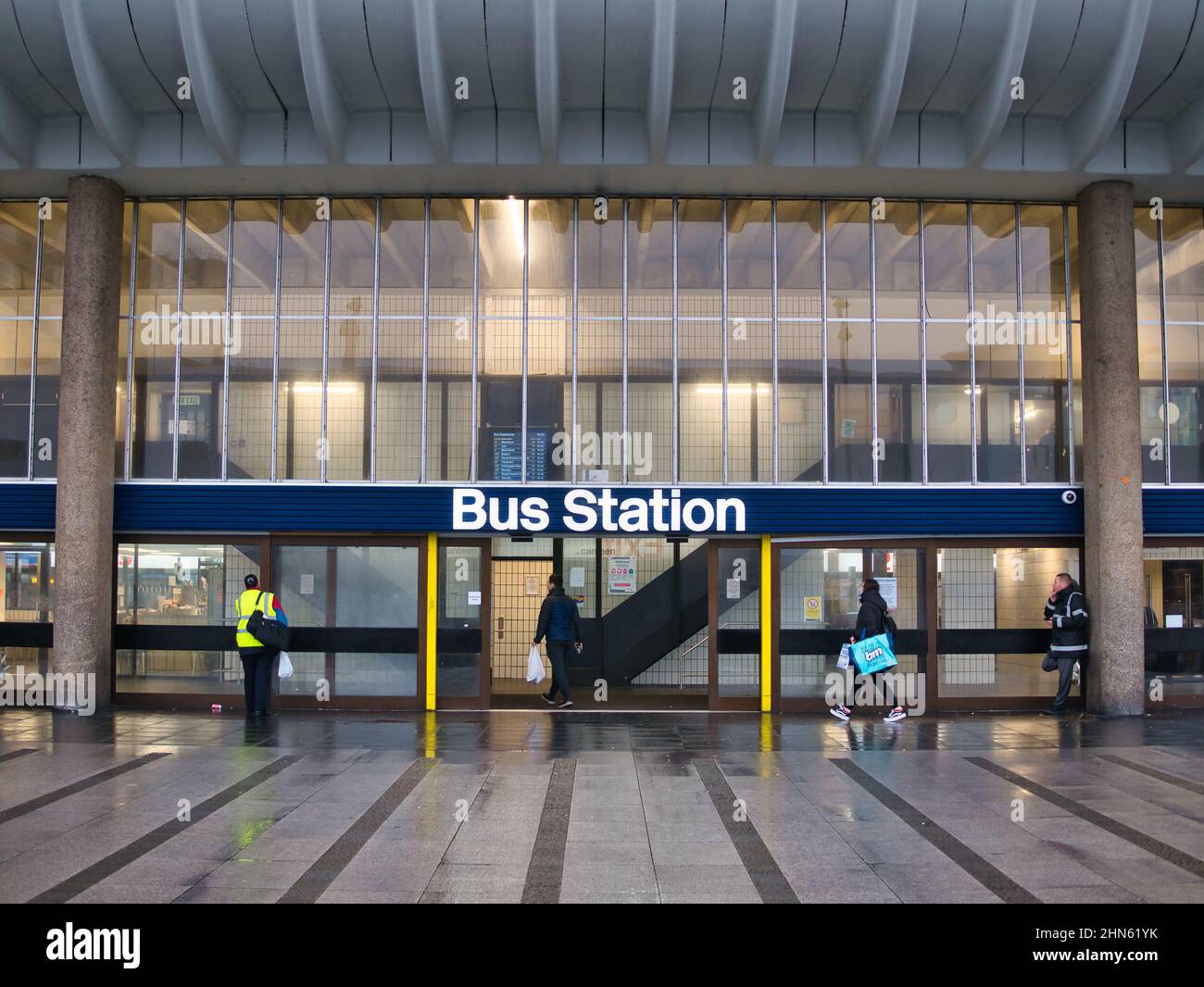 The modern entrance to Preston Bus Station in Lancashire in the north of the UK. A Grade 2 listed building built in the Brutalist style Stock Photo