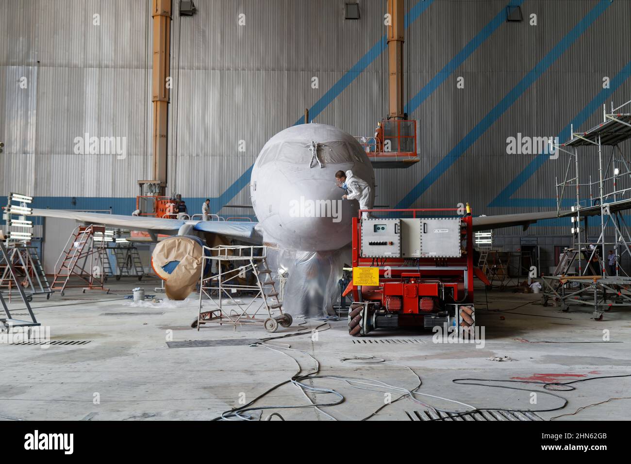 Ulyanovsk, Russia - August 15, 2015: Repair, service, modernization and painting of airplane at the aviation factory, Stock Photo