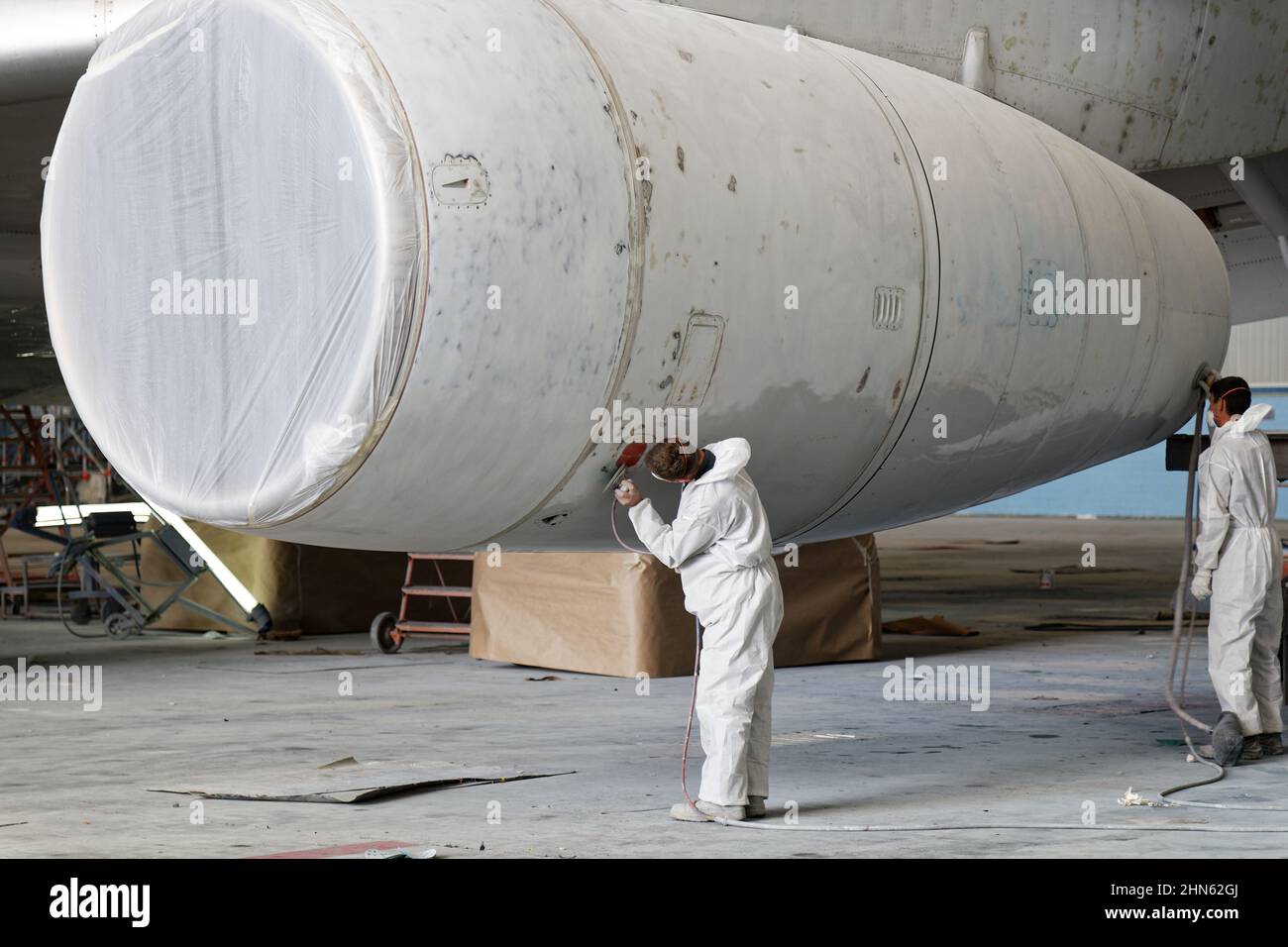 Ulyanovsk, Russia - August 15, 2015: Repair, service, modernization and painting of airplane at the aviation factory, Stock Photo