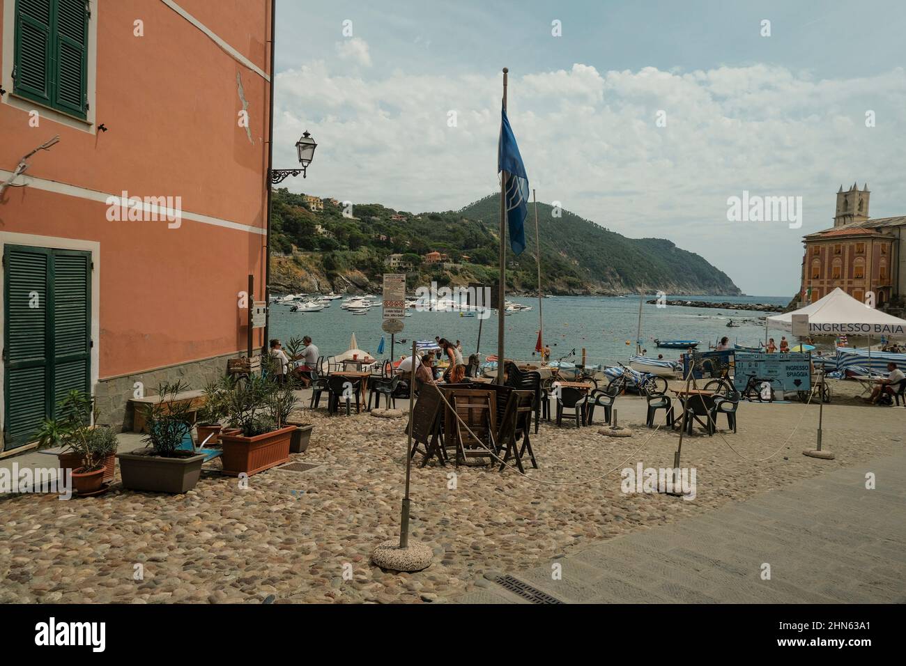 July 2021 Sestri Levante, Italy: Scenic marina view of restaurants in the bay of the Silence in Sestri Levante, Liguria, Italy Stock Photo