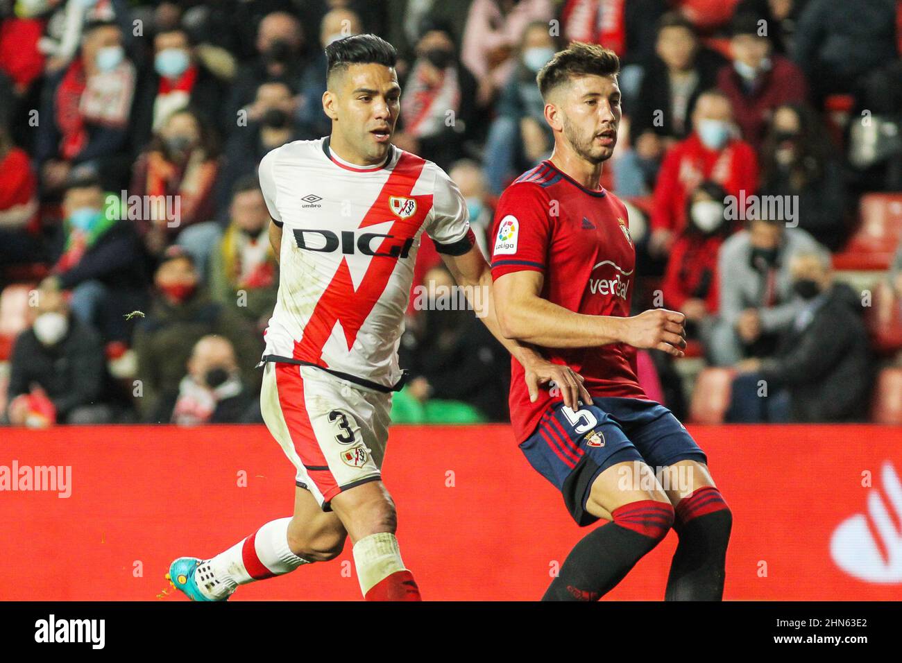 Radamel Falcao of Rayo Vallecano and David Garcia of Osasuna during the Spanish championship La Liga football match between Rayo Vallecano and CA Osasuna on February 12, 2022 at Vallecas stadium in Madrid, Spain - Photo:  Irh/DPPI/LiveMedia Stock Photo