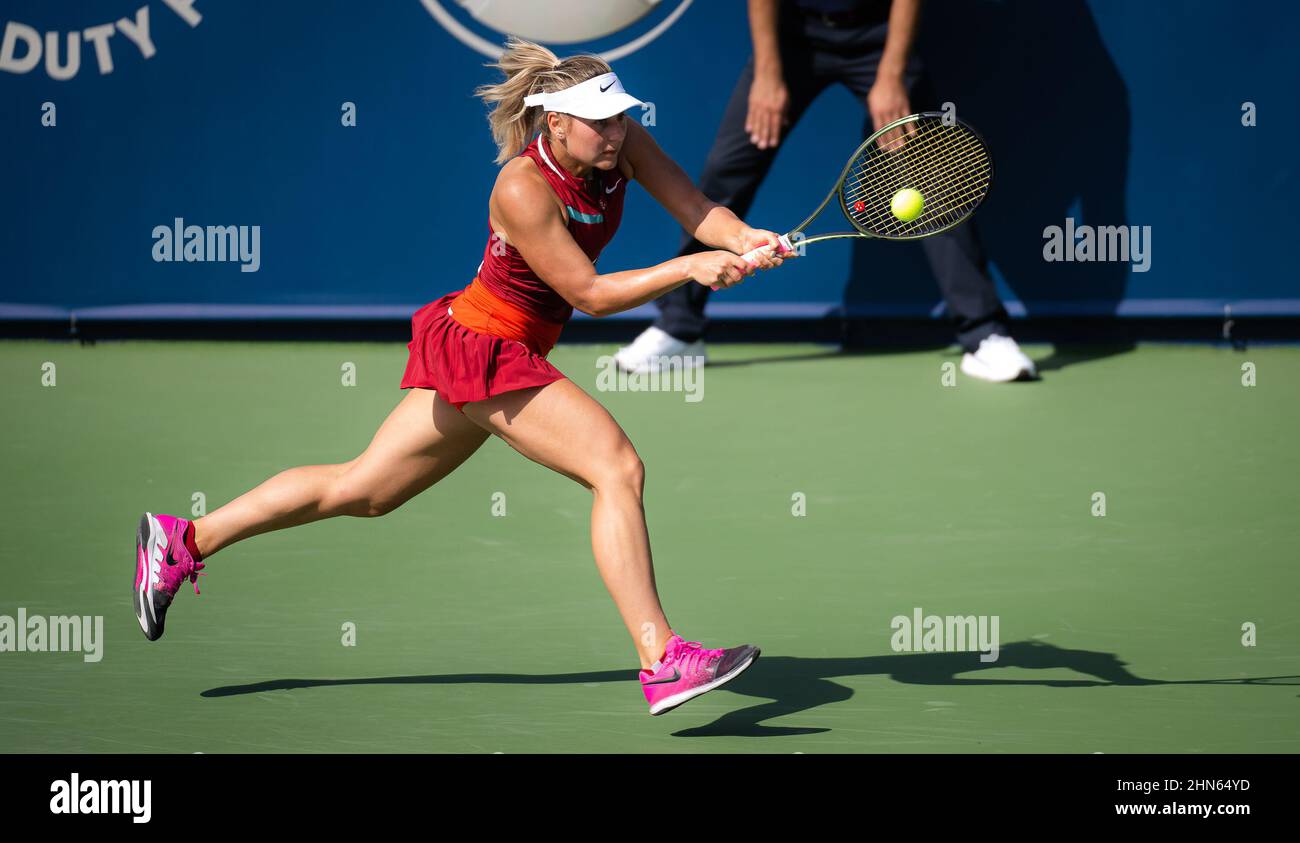 Marta Kostyuk of Ukraine in action during the first qualifications round of  the 2022 Dubai Duty Free Tennis Championships WTA 1000 tennis tournament on  February 12, 2022 at The Aviation Club Tennis