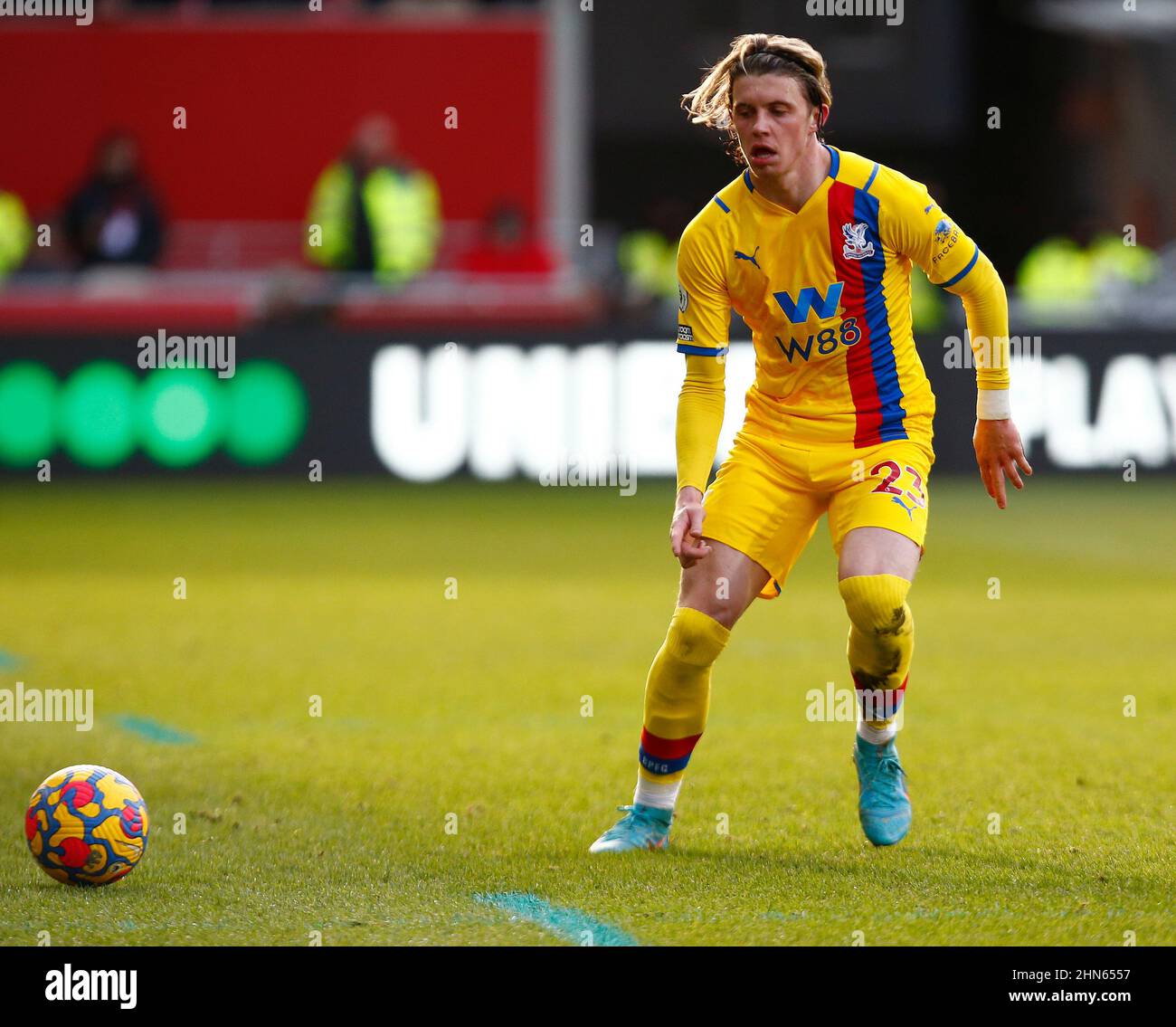 London, England - FEBRUARY 12: Crystal Palace's Conor Gallagher (on loan from Chelsea) during  Premier League between Brentford and Crystal Palace at Stock Photo