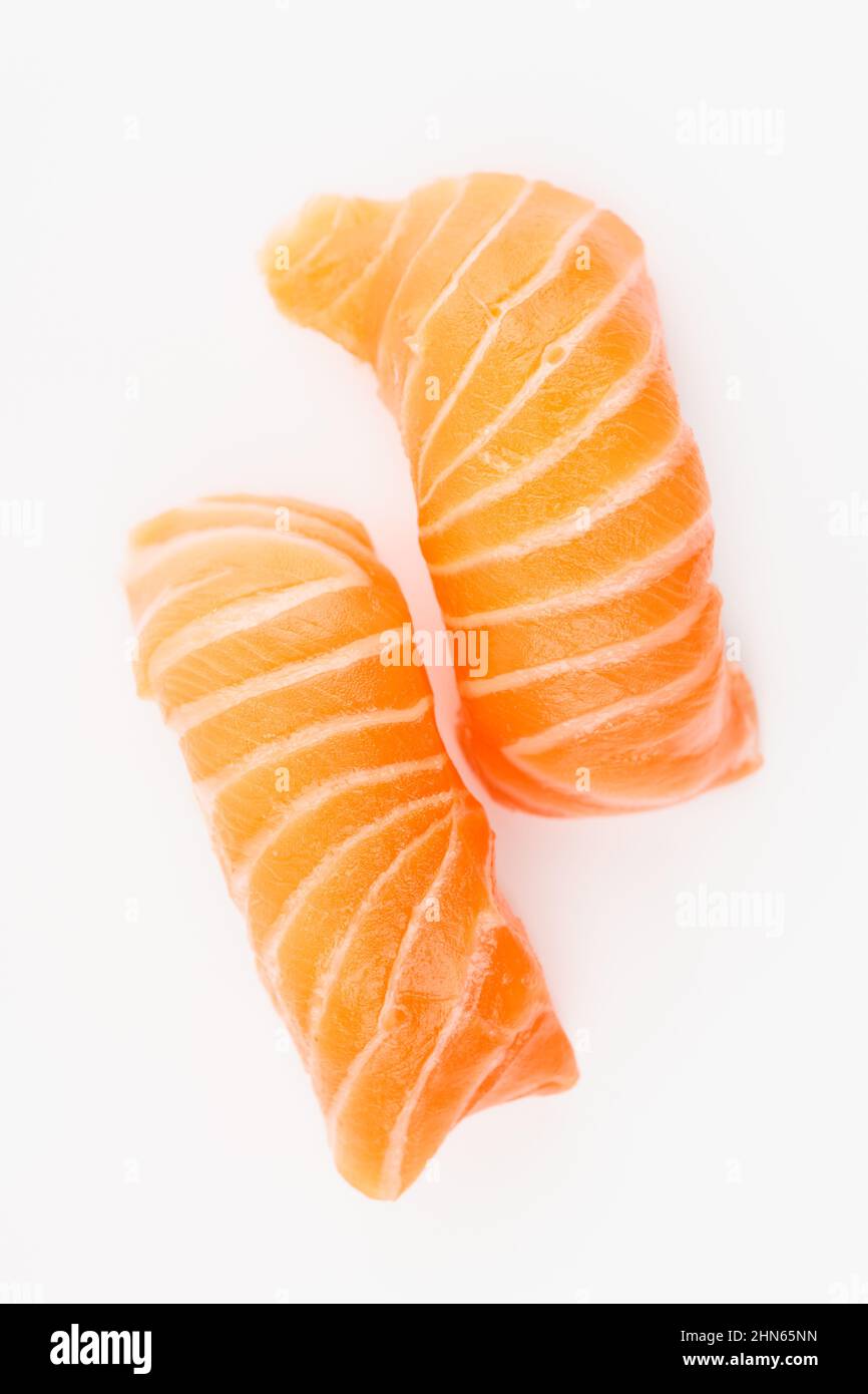 Salmon sushi shot from above on light background Stock Photo