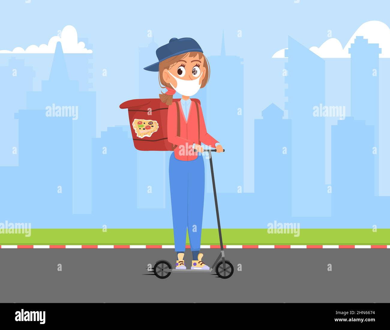 Pizza delivery. Girl with backpack ride on kick scooter with food. Restaurant take away service, cartoon courier in city, decent vector character Stock Vector