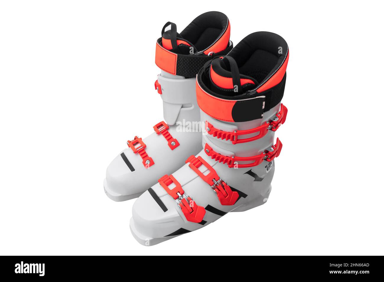 Pair ski boots isolated on white background. Modern sport outdoor equipment isolated. Stock Photo