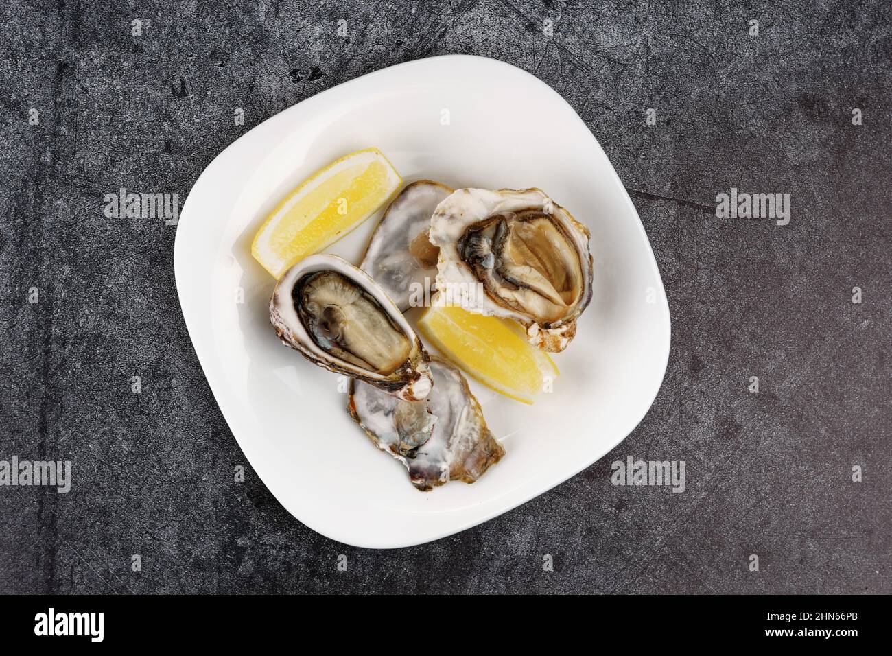 Oysters in plate on black background Stock Photo