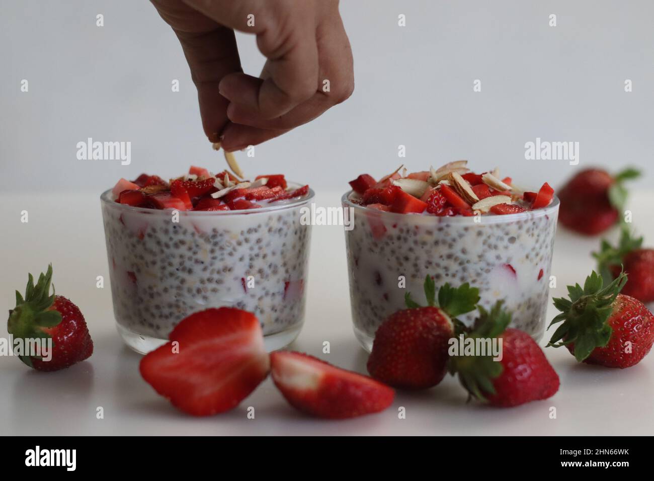 Overnight oats with chia seeds and strawberries. A healthy breakfast