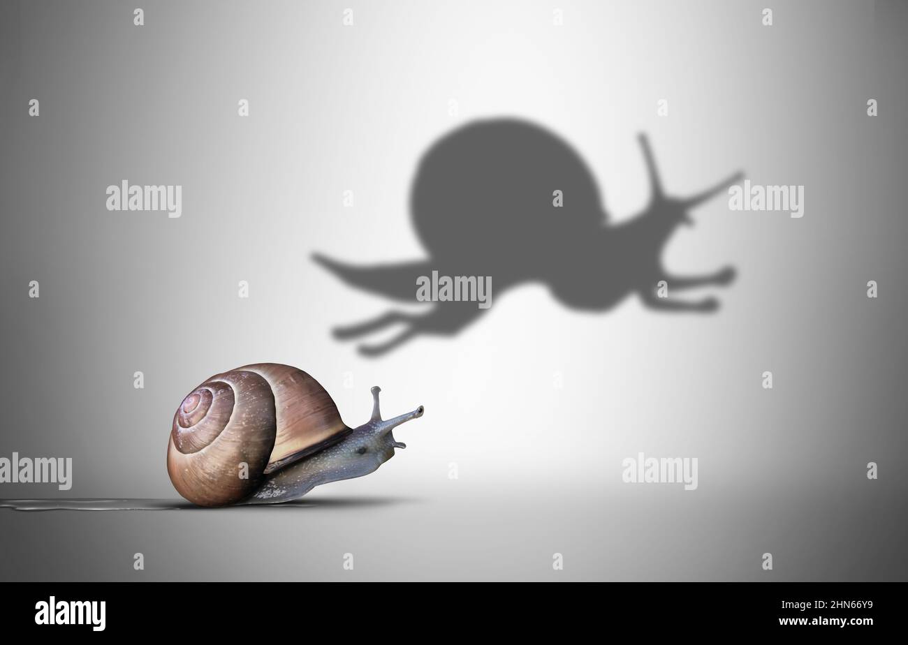 Aspiration metaphor and inner power concept as a symbol for motivational feeling to aspire to great skill as a slow snail with a shadow. Stock Photo