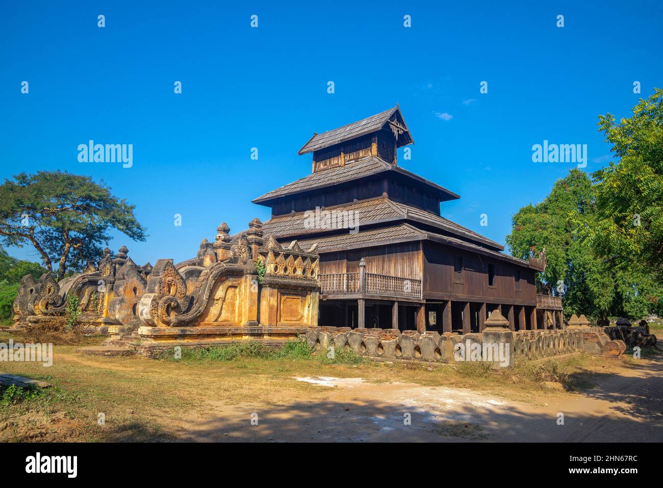 Ancient wooden Buddhist temple. Old Bagan, Burma (Myanmar) Stock Photo