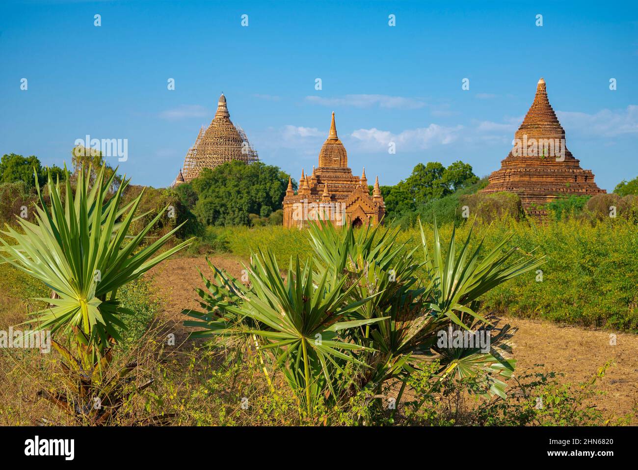 The ancient temples of Bagan on a sunny day. Old Bagan, Myanmar (Burma) Stock Photo
