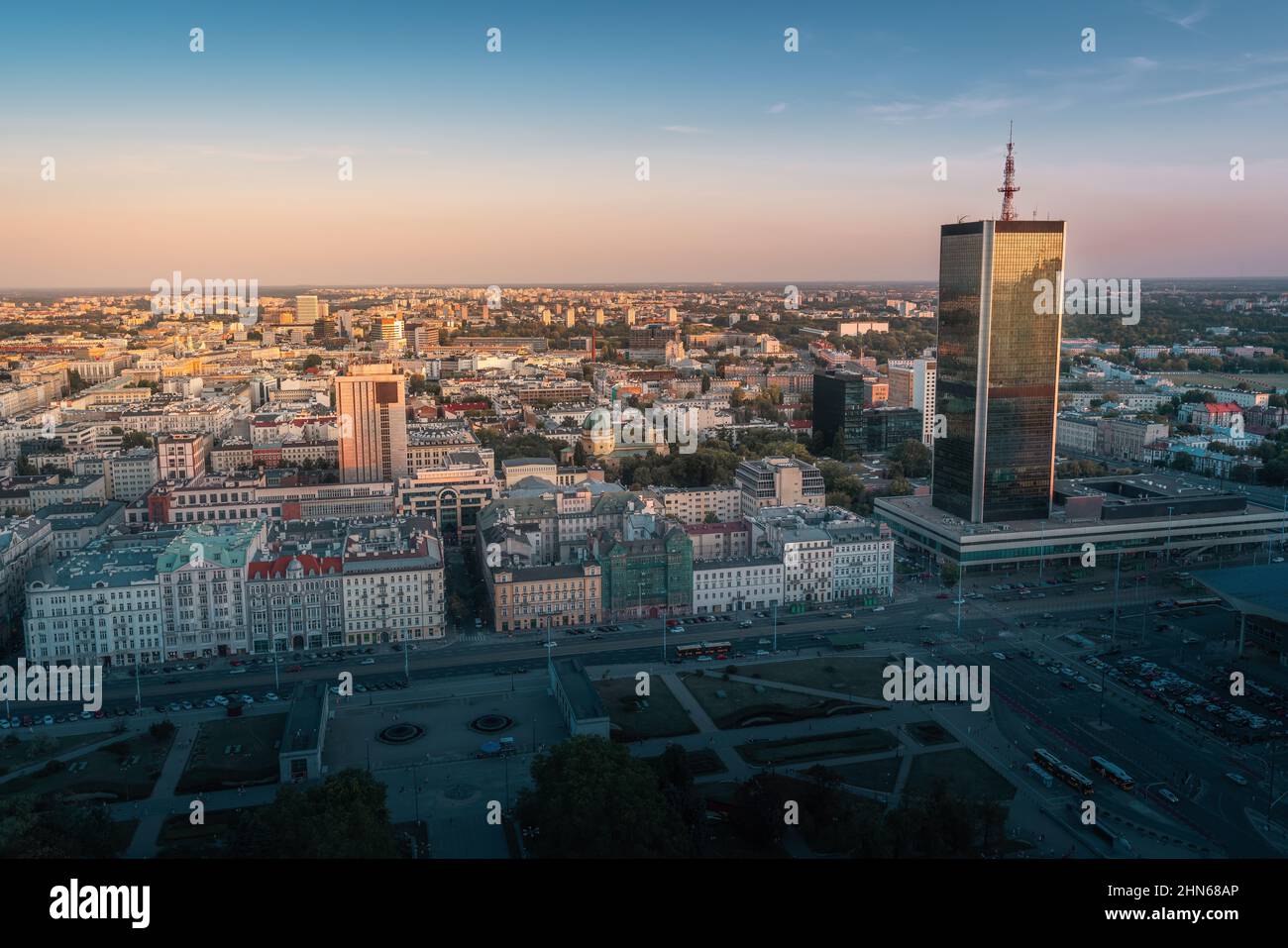 Aerial view of Warsaw city at sunset - Warsaw, Poland Stock Photo