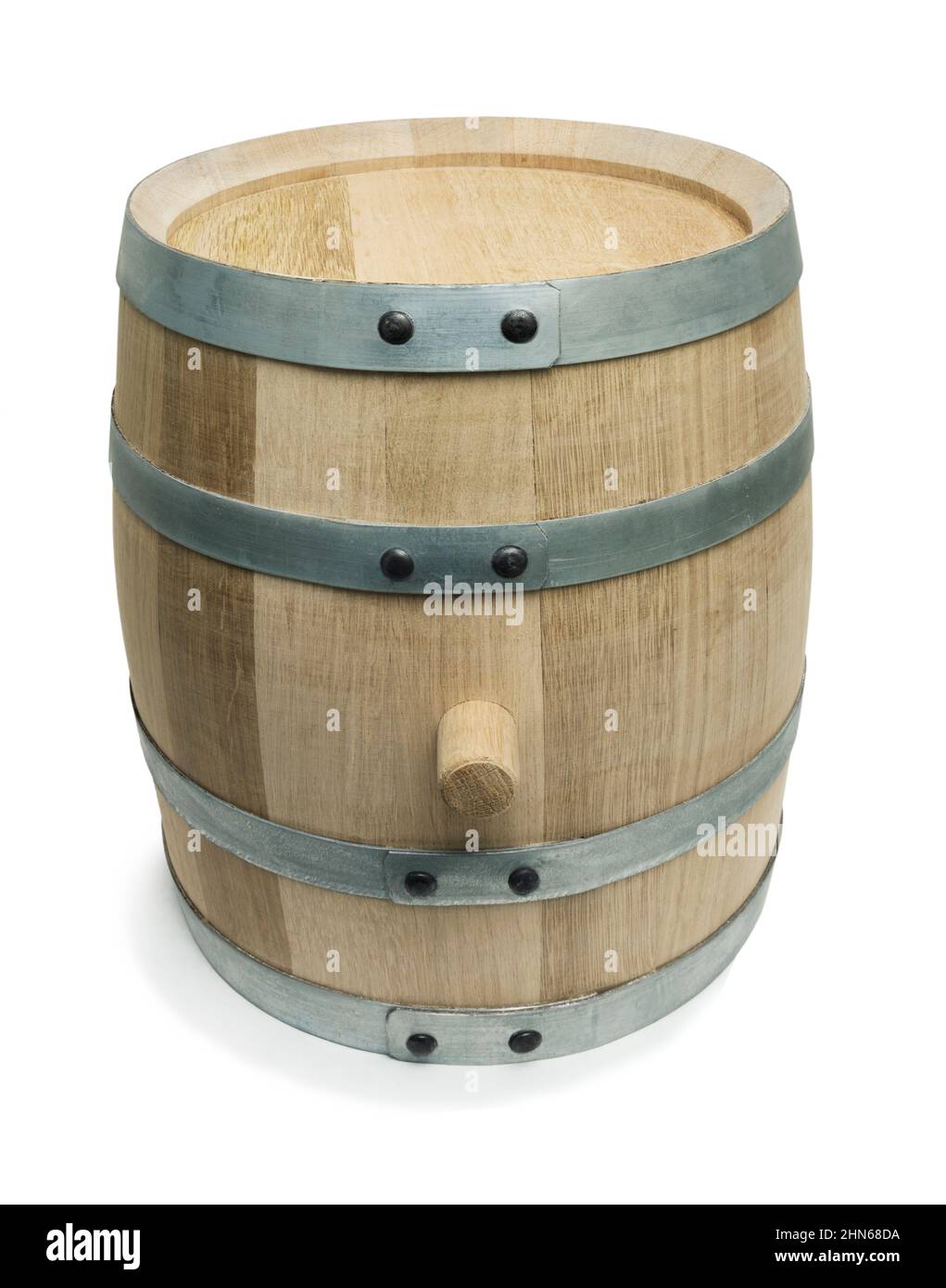 Oak barrel of a small capacity with iron hoops on a white background