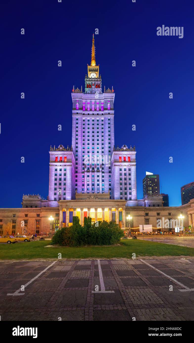 Palace of Culture and Science at night - Warsaw, Poland Stock Photo