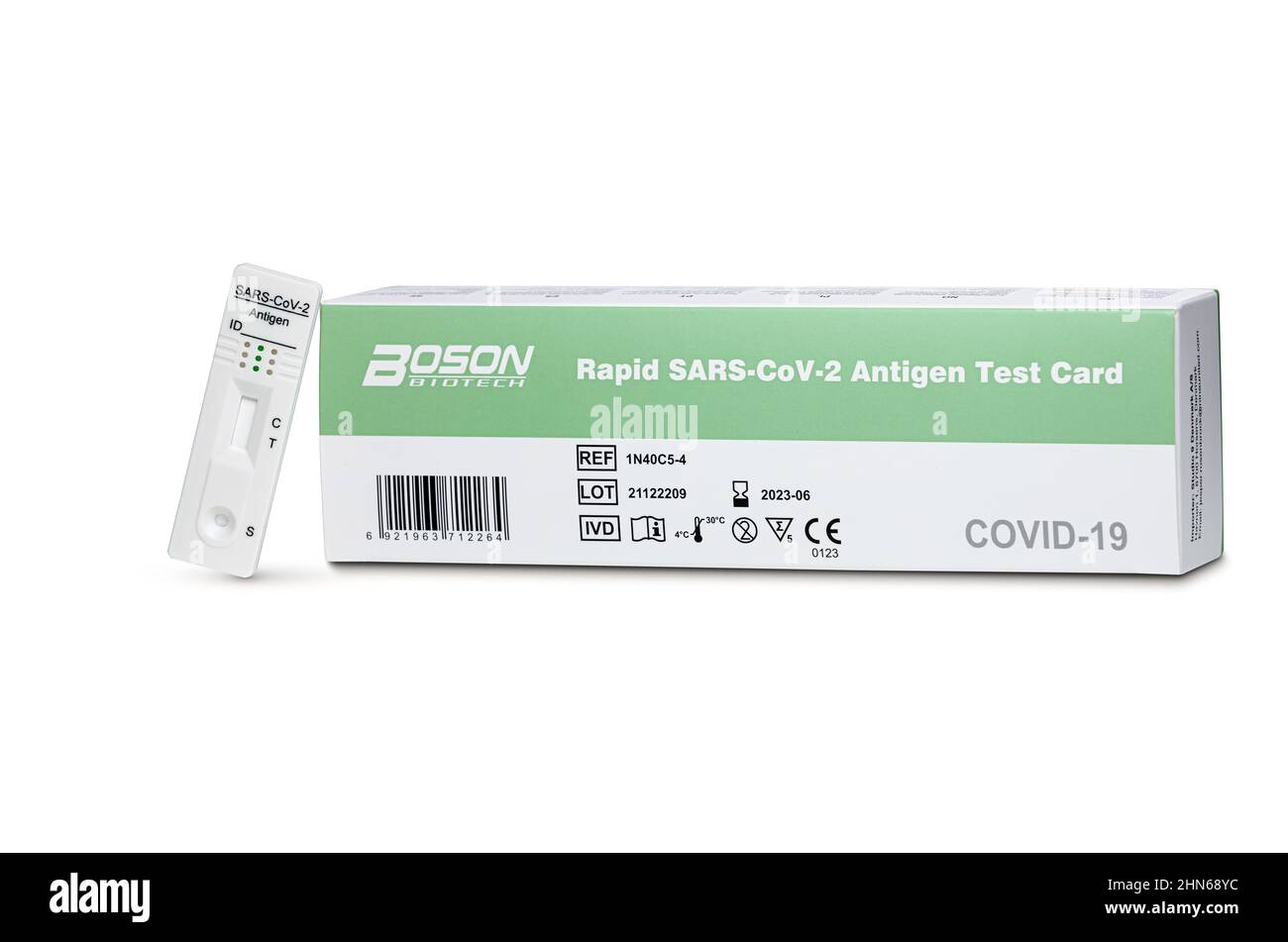 Boson Biotech Rapid SARS-Covid Antigen Test Card package and card product on pure white background Stock Photo