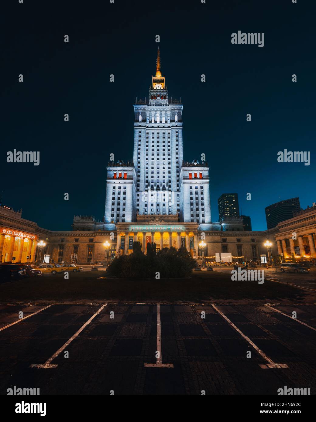 Palace of Culture and Science at night - Warsaw, Poland Stock Photo