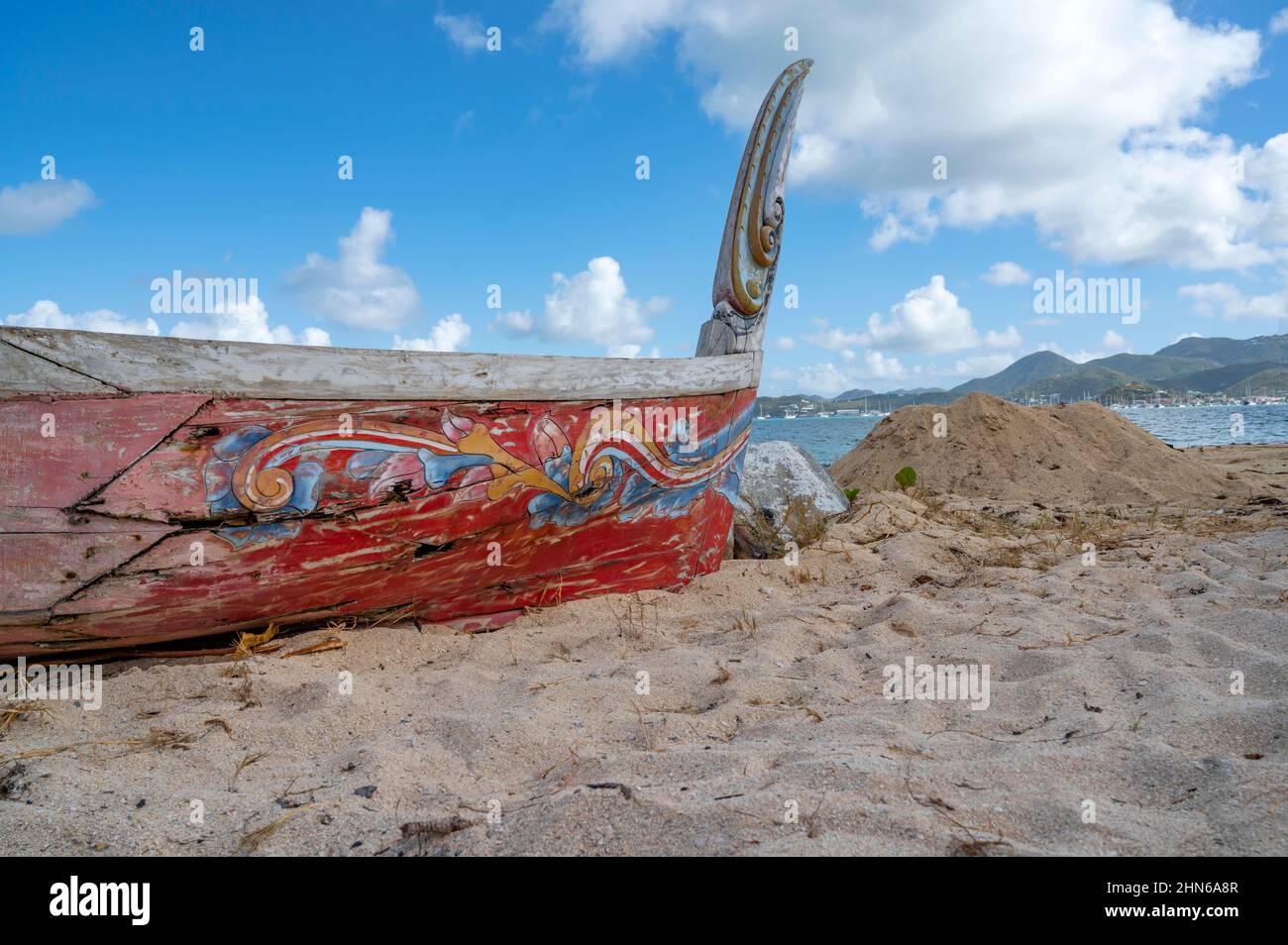 Traditional wooden boats, seen on the beach of Nettle Bay / Baie Nettlé on the French side of the island Saint-Martin / Sint Maarten Stock Photo