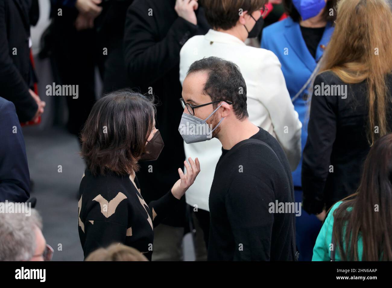 Berlin, Germany, February 13, 2022. Pianist Igor Levit in conversation with German Foreign Minister Annalena Baerbock. Stock Photo