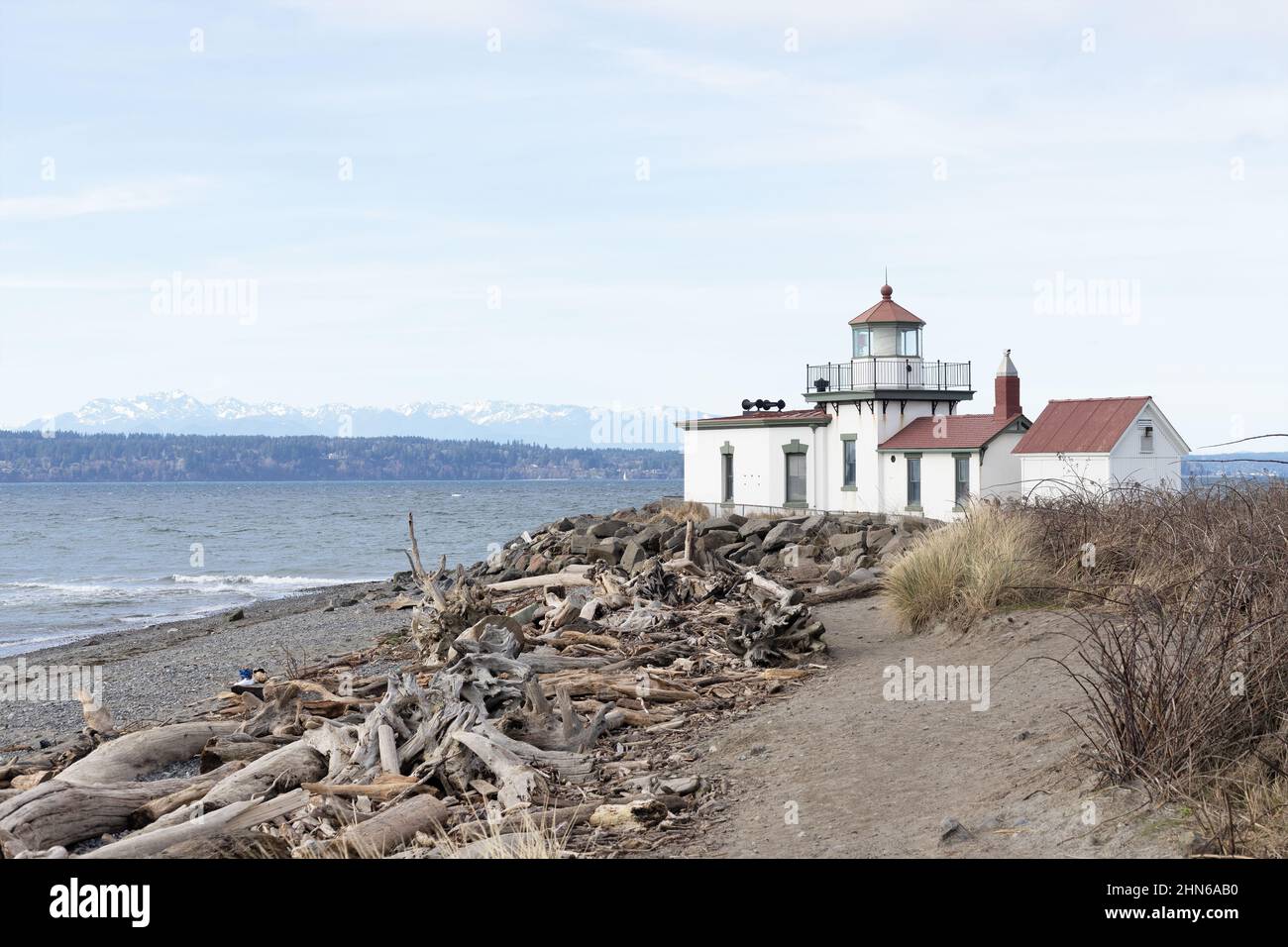 West Point lighthouse at Discovery Park in Seattle, Washington, USA. Stock Photo