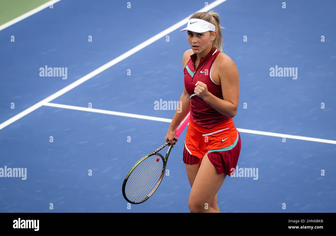 Marta Kostyuk of Ukraine in action during the first qualifications round of  the 2022 Dubai Duty Free Tennis Championships WTA 1000 tennis tournament on  February 12, 2022 at The Aviation Club Tennis