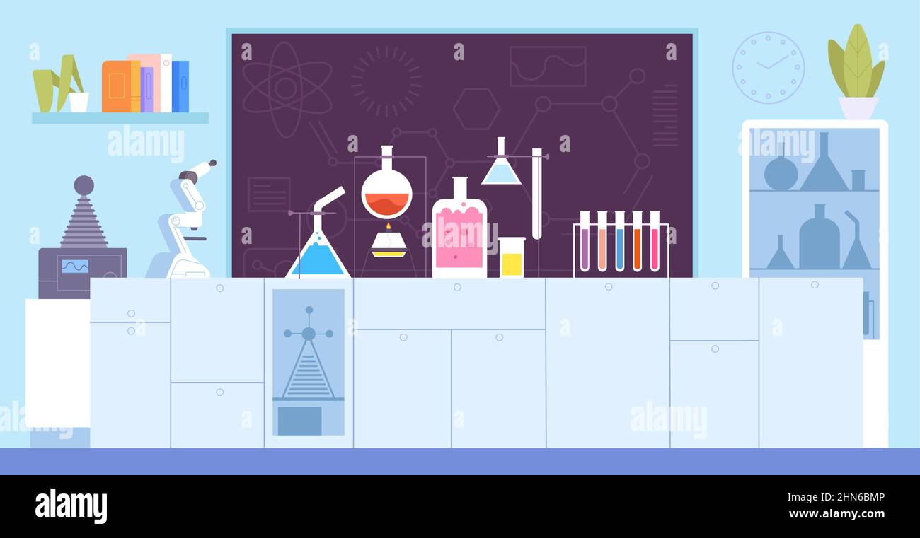 Chemical laboratory classroom. School science lab background, cartoon  chemistry room microbiological equipment, microscope table, board for  experiment, vector illustration. School chemical laboratory Stock Vector  Image & Art - Alamy