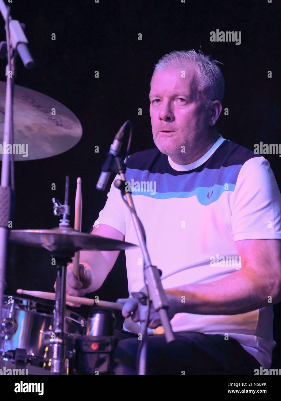 Southampton, UK. 12th Feb, 2022. Drummer Russ Baxter, with 1970s