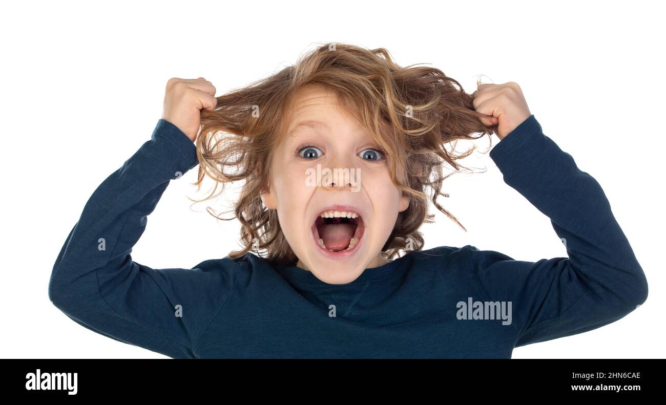 Excited child pulling his hair out isolated on a white background Stock