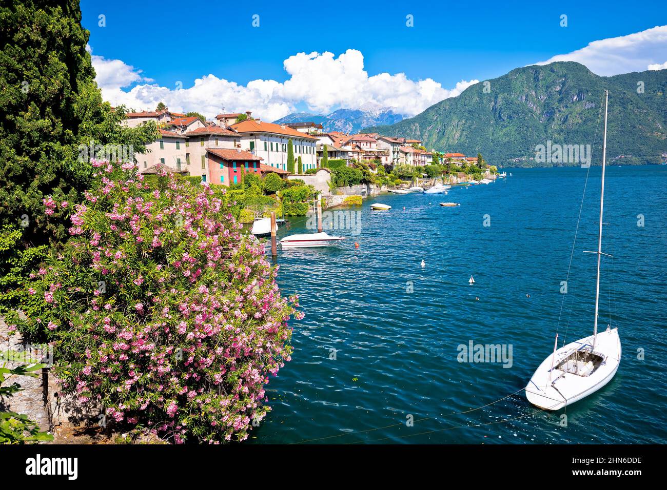 Como lake idyllic watefront in village of Ossuccio view, Lombardy region of Italy Stock Photo