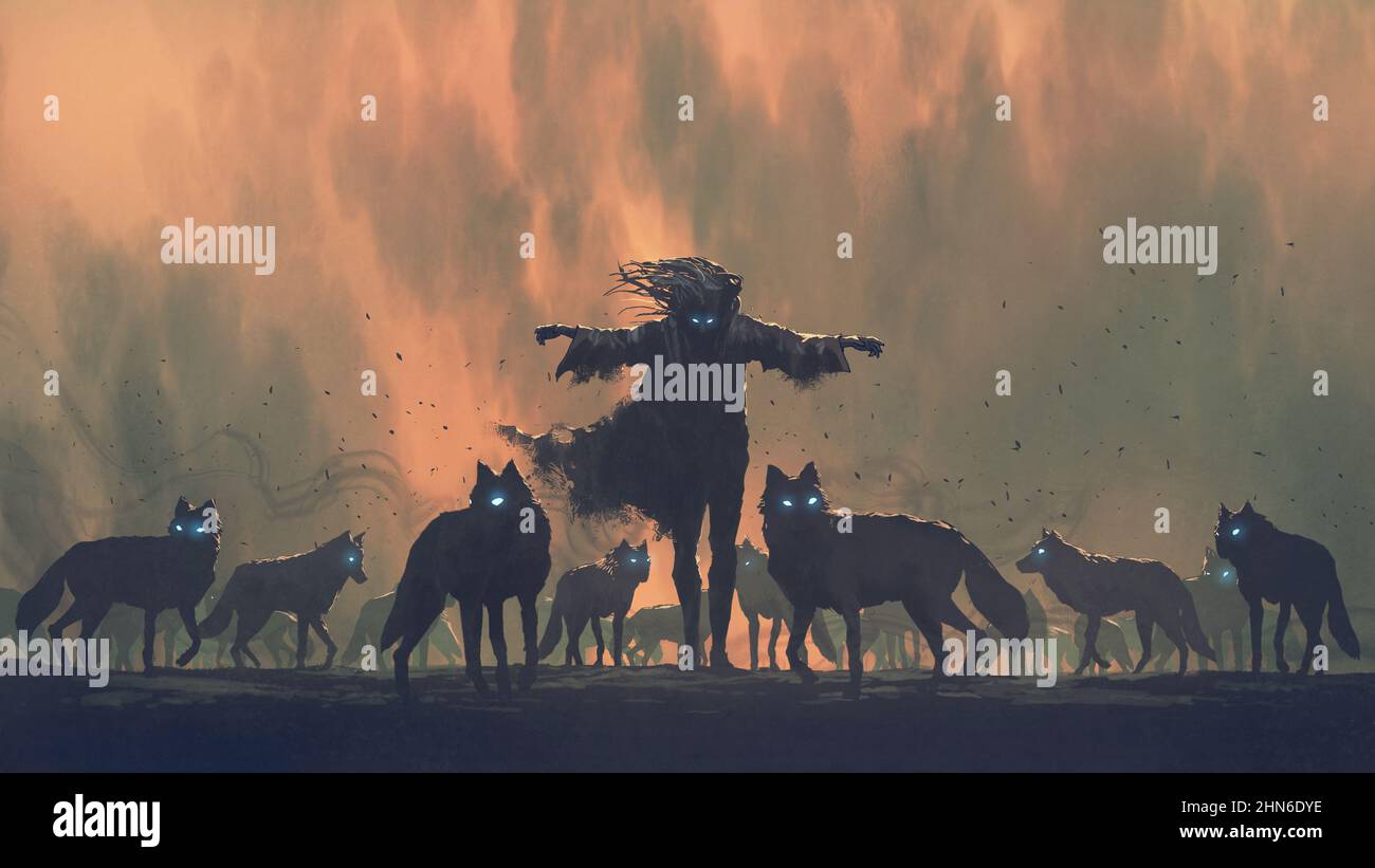 The wizard standing among his demonic wolves, digital art style, illustration painting Stock Photo