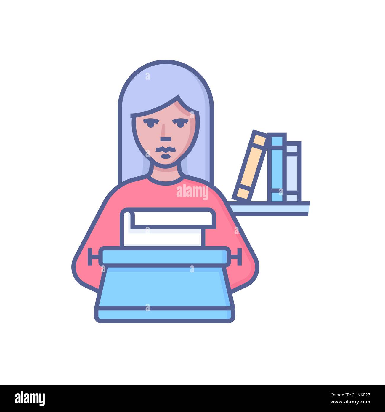 Writer at work - modern colored line design style icon on white background. Neat detailed image of a woman typing with a typewriter. Interesting moder Stock Vector