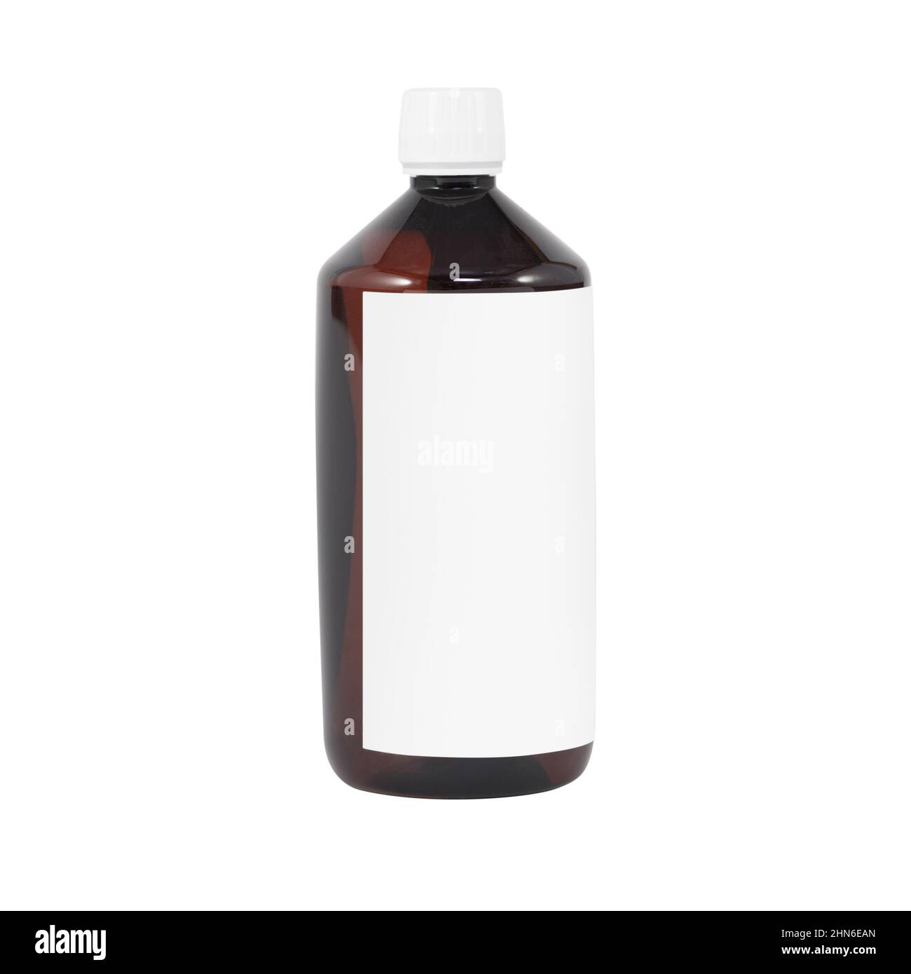 Brown plastic bottle with white cap on a white background and empty label Stock Photo