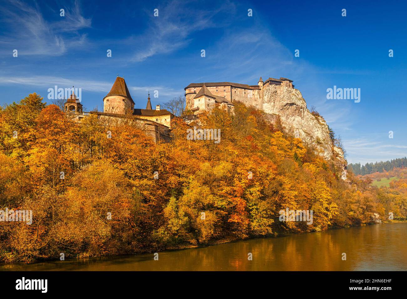 The medieval Orava Castle over a river at autumn, Slovakia, Europe. Stock Photo