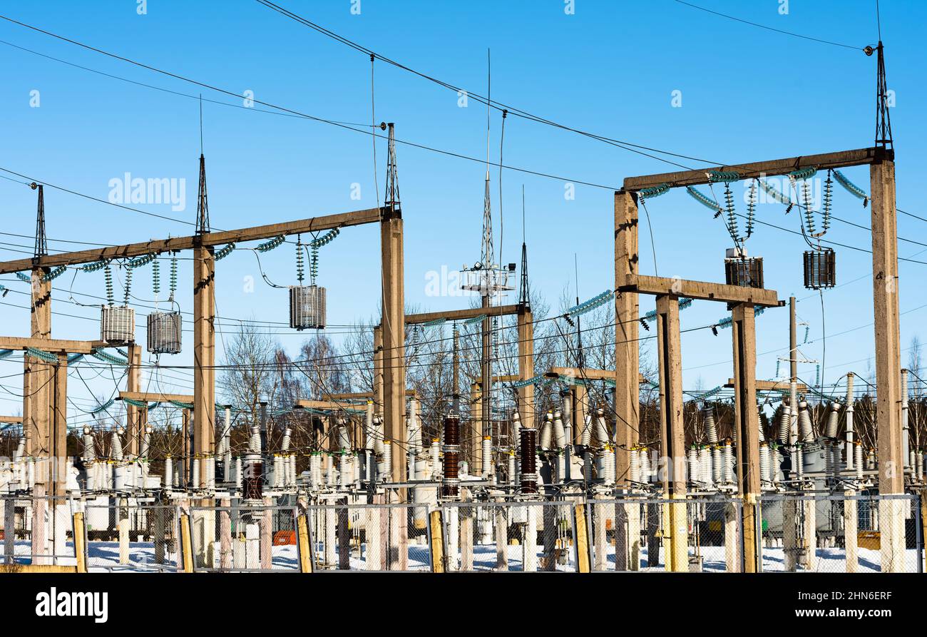 High voltage circuit breaker in a substation. Power generation. Energy